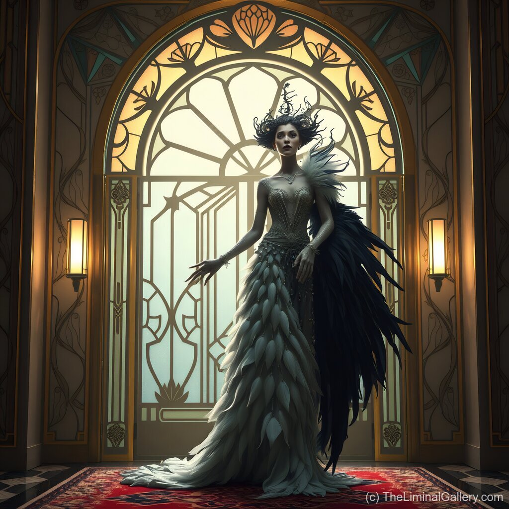 A mysterious feathered court shrouded in intrigue embodies beauty, elegance, and surreal charm.